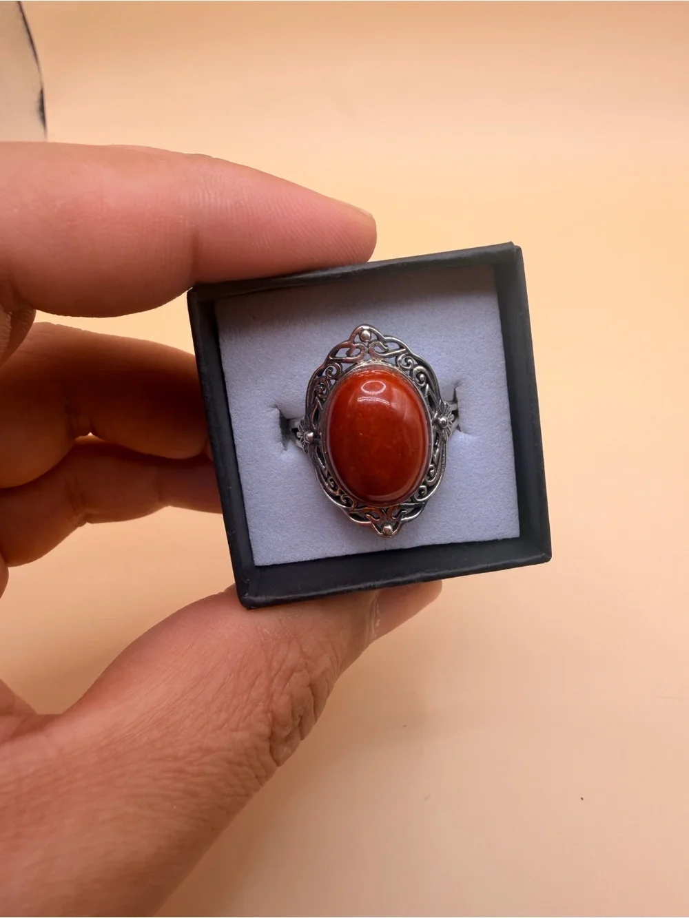 925 Sterling Silver Orange Jade Ring Size 10.5.